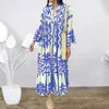 Summer New Women'S Wear V-Neck Maxi Long Dress Vintage Printed Pattern High Waist Long Dress