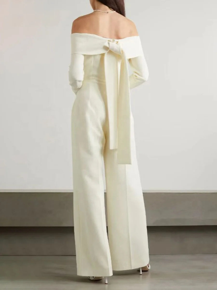 OUDINA Spring New Off Shoulder Ruffles Long-sleeved Wide Leg Pants Jumpsuit for Women