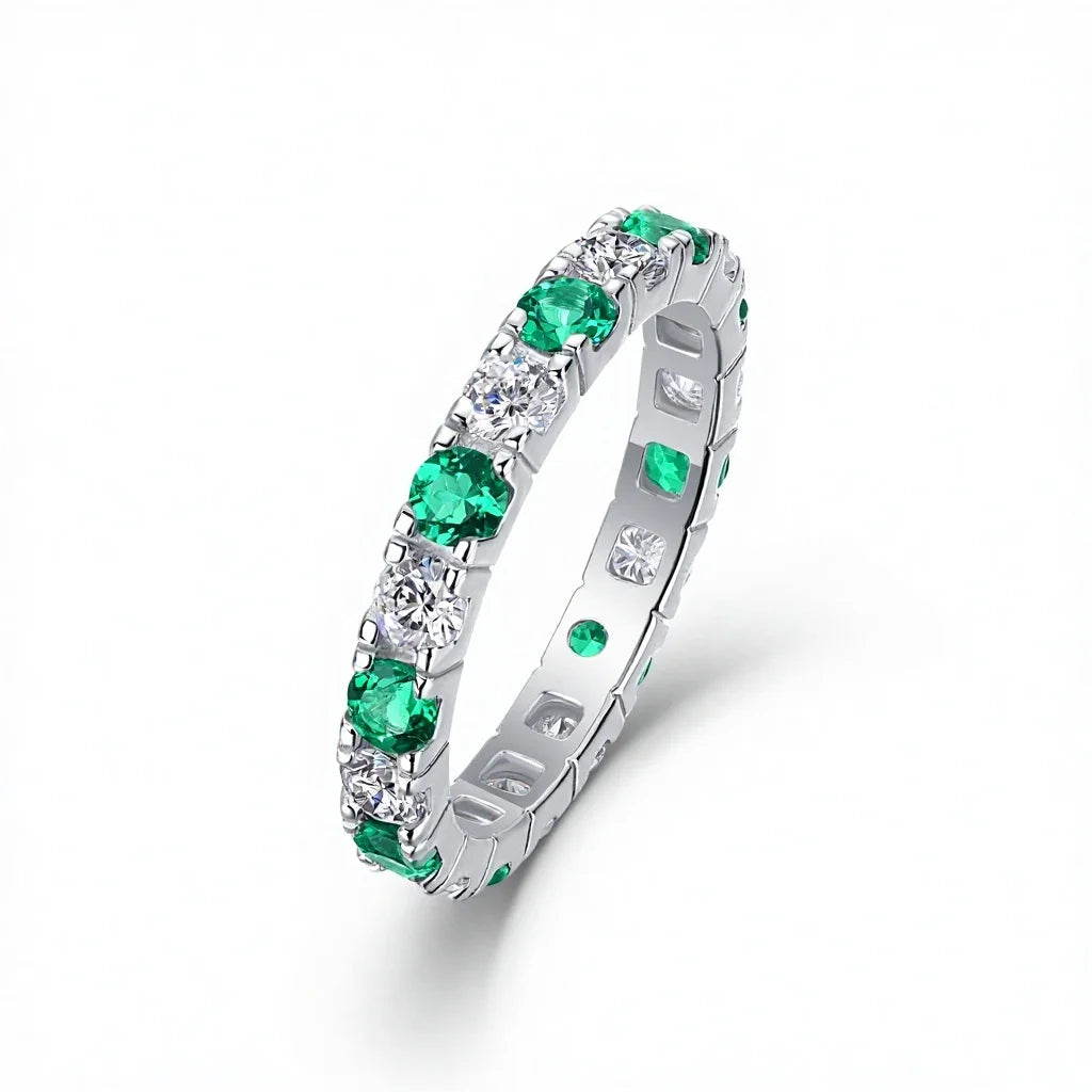 Pass Diamond Tester 3MM Lab Grow Emerald GEM Main Stone Band Solid 925 Silver VVS Moissanite Eternity Band Rings for Women