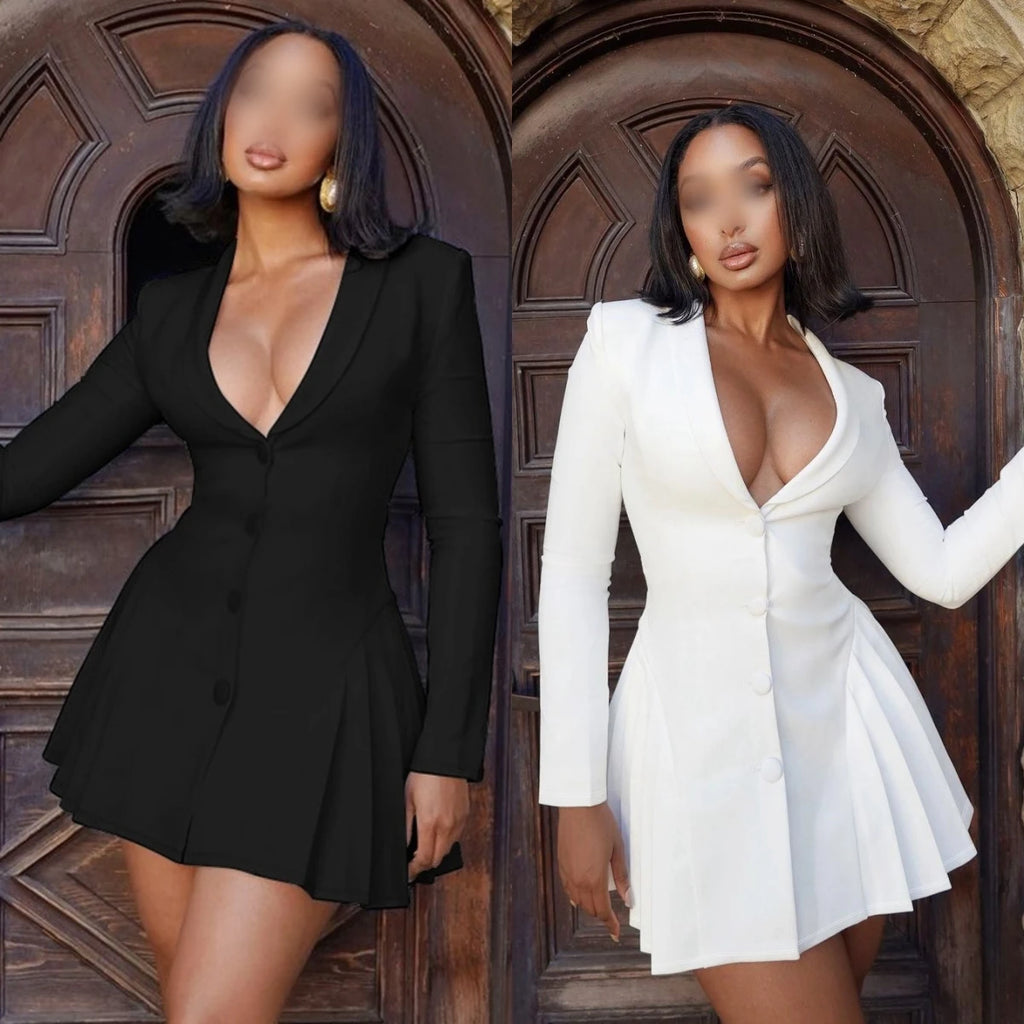 D4616778G V Neck Long Sleeve Side Pleated Hem Wrap Suit Dress Fashion Elegant 2024 Manufacturer Streetwear Casual Clothing