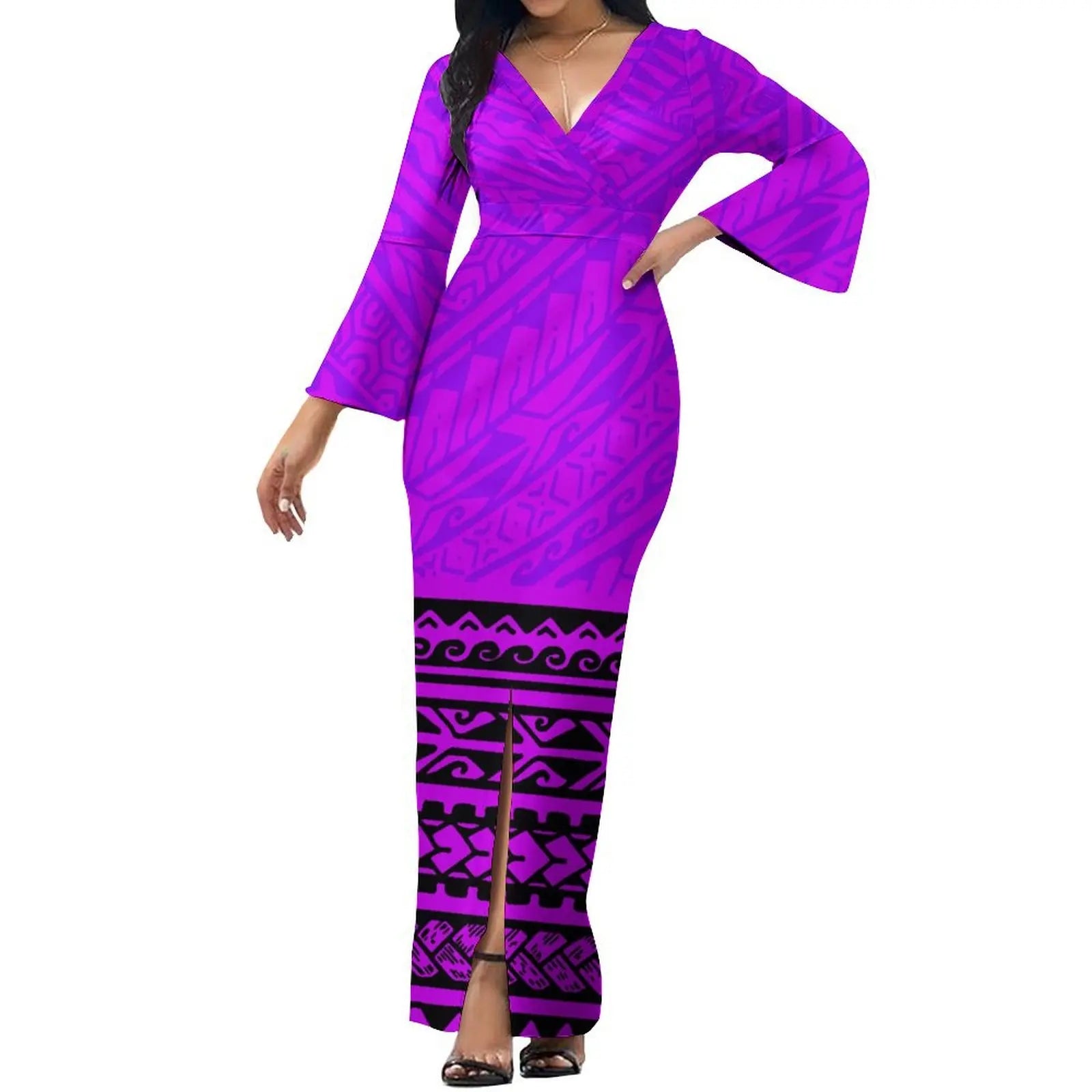Hot Selling Flower Polynesian Tribal Bell Sleeve V Neck Long Maxi Slit Dress Custom Plus Size Womens Dresses Island Style Dress