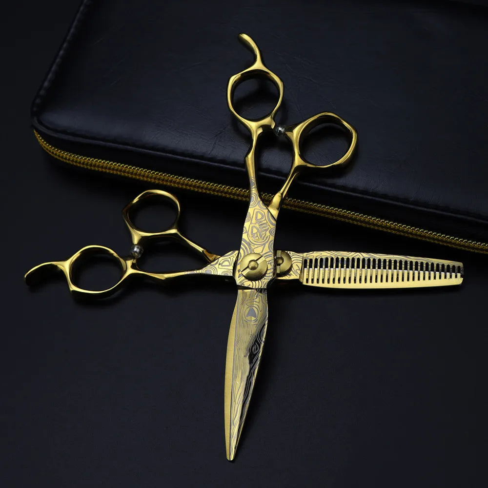 Professional 6 '' Gold cut scissor Damascus hair scissors haircut thinning barber tools cutting shears Hairdresser scissors