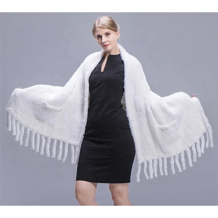 MWFur Fashion Chinese Supplier Wholesale Winter Knitted Mink Fur Shawl for Women Big Size Mink Hair Scarf Winter Fashion
