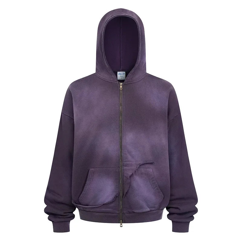 Washed Streetwear Zipper up Hoodie for Men 430gsm 100% Cotton Sun Fade Hooded Winter Vintage Long Sleeve Custom Printed Logo