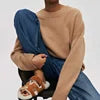 Women's Autumn New Crew Neck Solid Sweater Loose Long Sleeve Knitted Casual Pullover Versatile Top for Winter