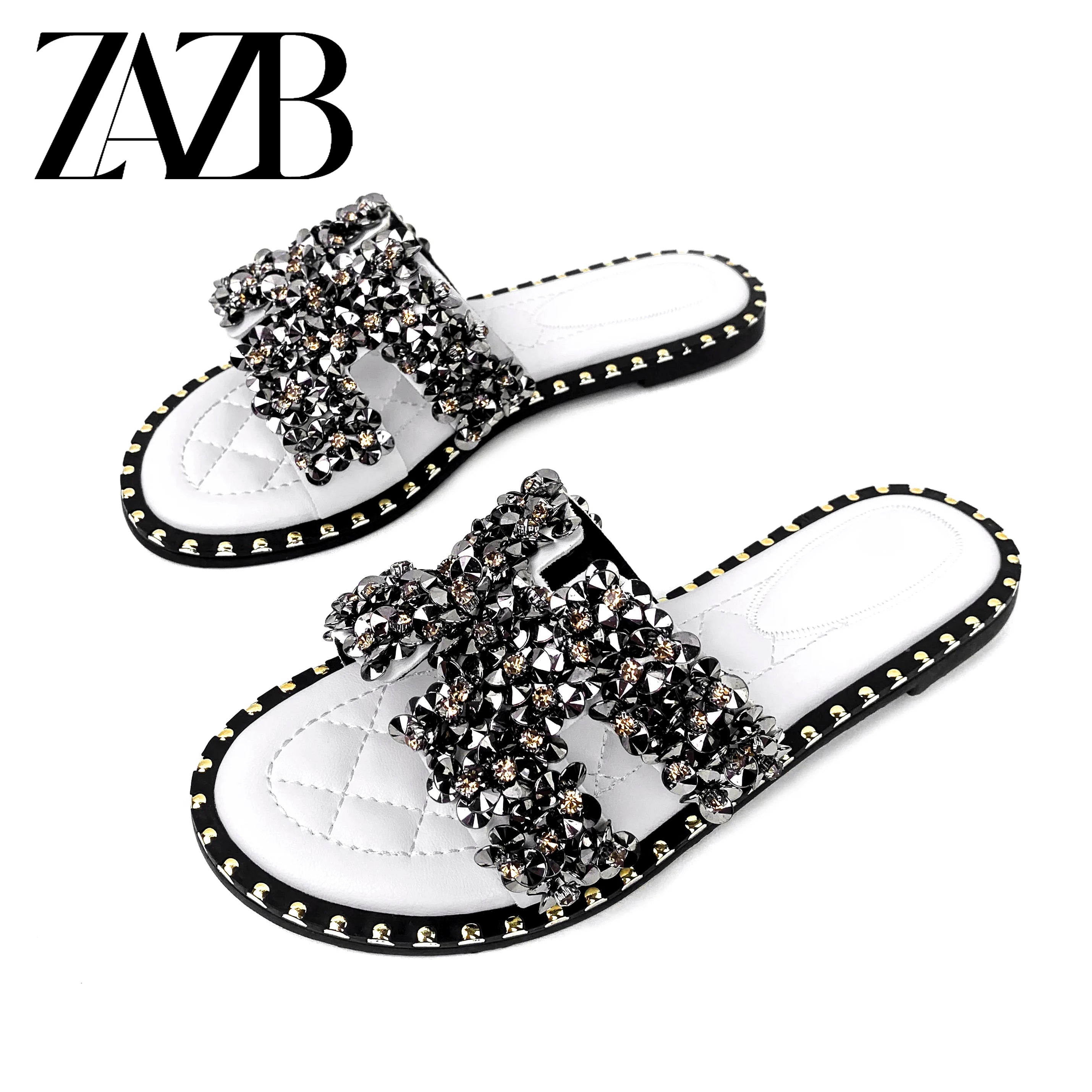 New Wholesale Design Summer square Head Leather European and American Open Toe Flat Shoes Black Womens slippers Sandals