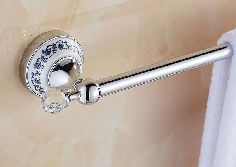 European Antique Blue and White Porcelain Chrome Finish Bathroom Hardware Set Silver&Crystal Towel Rack Bar Hook Basket Rack 5