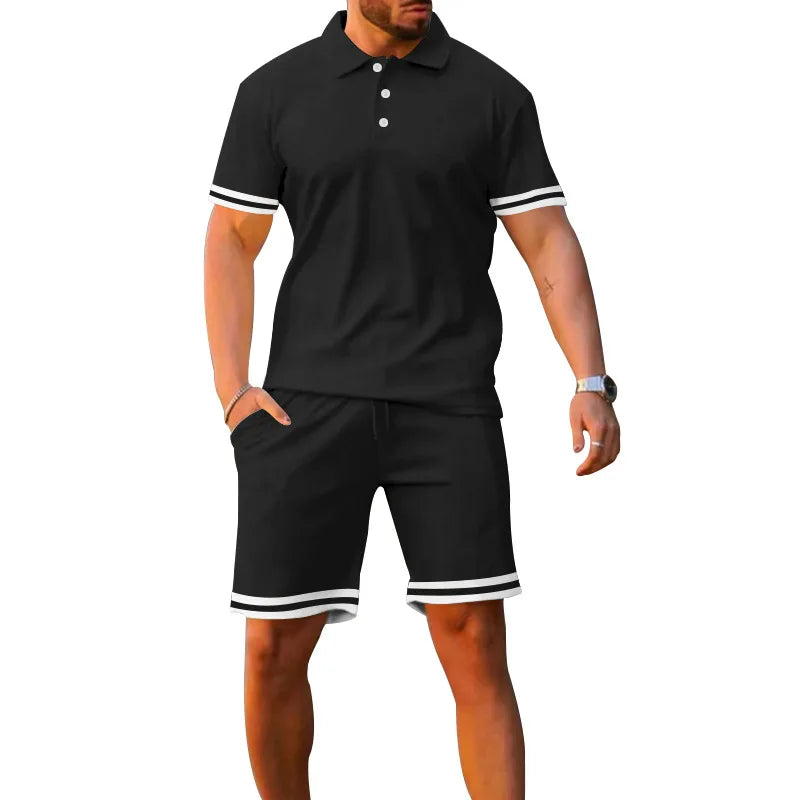 2024 Hot Sale Summer Men Short Sleeve Top + Short  Pants Turn Down Collar Solid Color Loose Casual Two Piece Suits