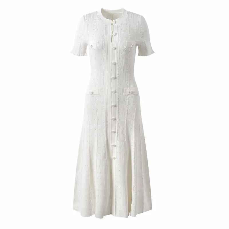 Summer Fashion Hollow Out Single Breasted Short Sleeve Knit Long Sweater Dresses