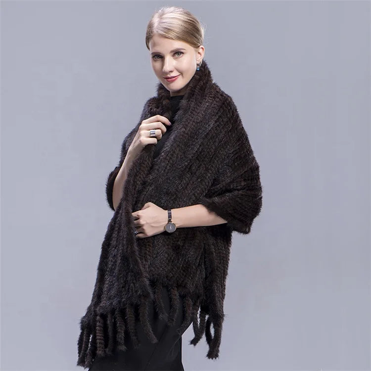 MWFur Fashion Chinese Supplier Wholesale Winter Knitted Mink Fur Shawl for Women Big Size Mink Hair Scarf Winter Fashion
