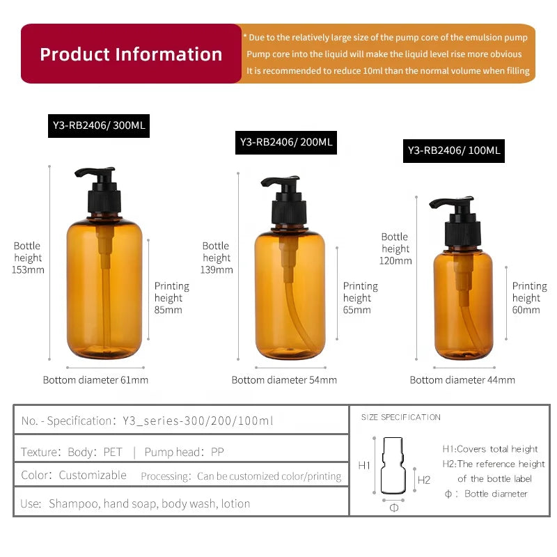 100ml 200ml 300ml Round PET Plastic Pump Press Bottle for Body Wash Lotion Shower Gel Shampoo Packaging