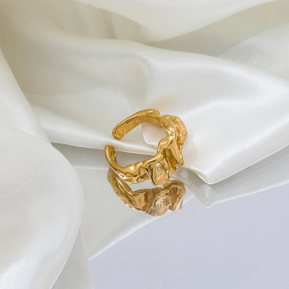Joolim Jewelry Wholesale 18K Gold Plated Irregular Wrinkle Lava Stainless Steel Open Rings for Women Statement Rings