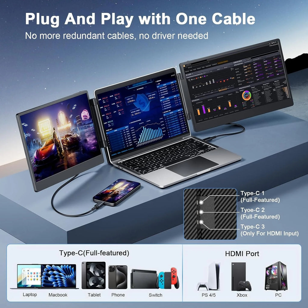 Factory OEM/ODM Easy Connection 14 inch Laptops Dual 1080P LCD Display Notebook Laptop Triple Screen Monitors