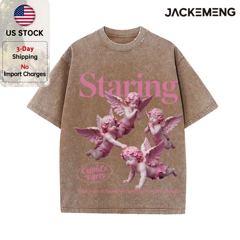 Oversized Vintage Retro Angel Art Streetwear Print Tshirt USA Stock Wholesale Y2K Casual Tee