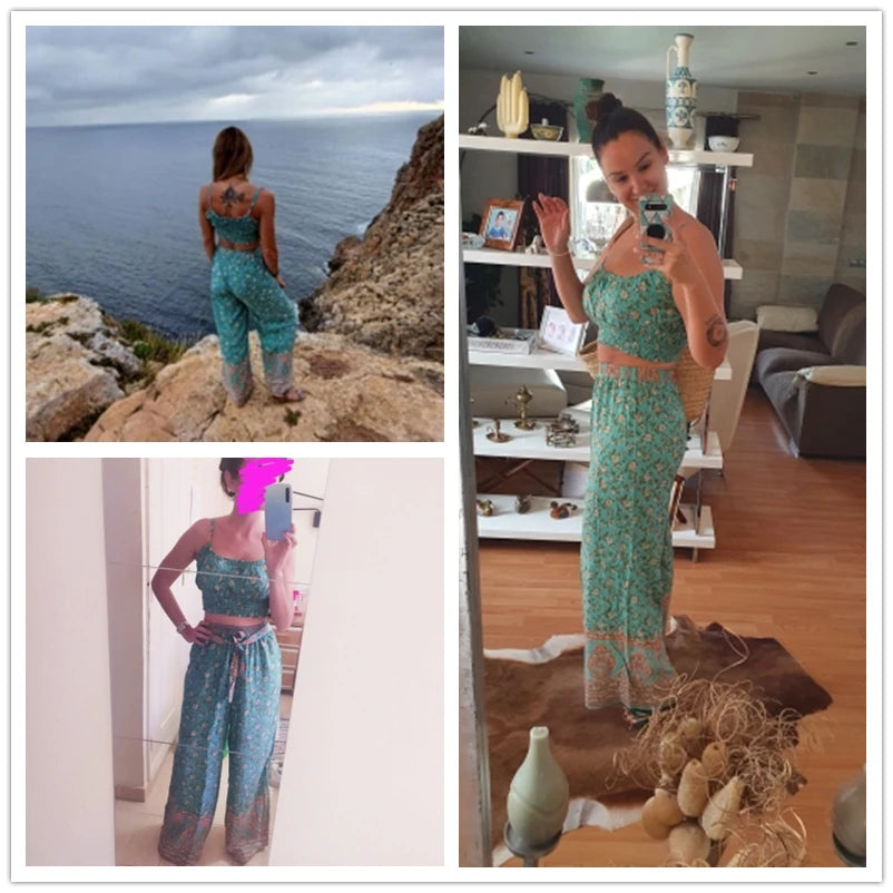 Vintage Chic  Women Floral Print Outfits Strap Sleeveless Tops Bohemian Suits Drawstring Pants 2 Pieces Rayon Cotton Boho Sets
