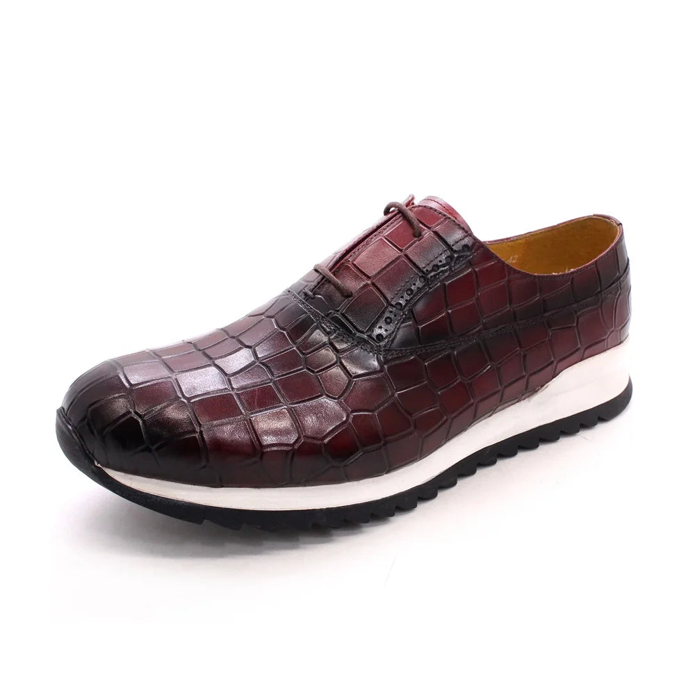 Premium Quality Handmade Italian Men Oxford Sneakers Shoes Genuine Leather Print Lace-Up Casual Shoes