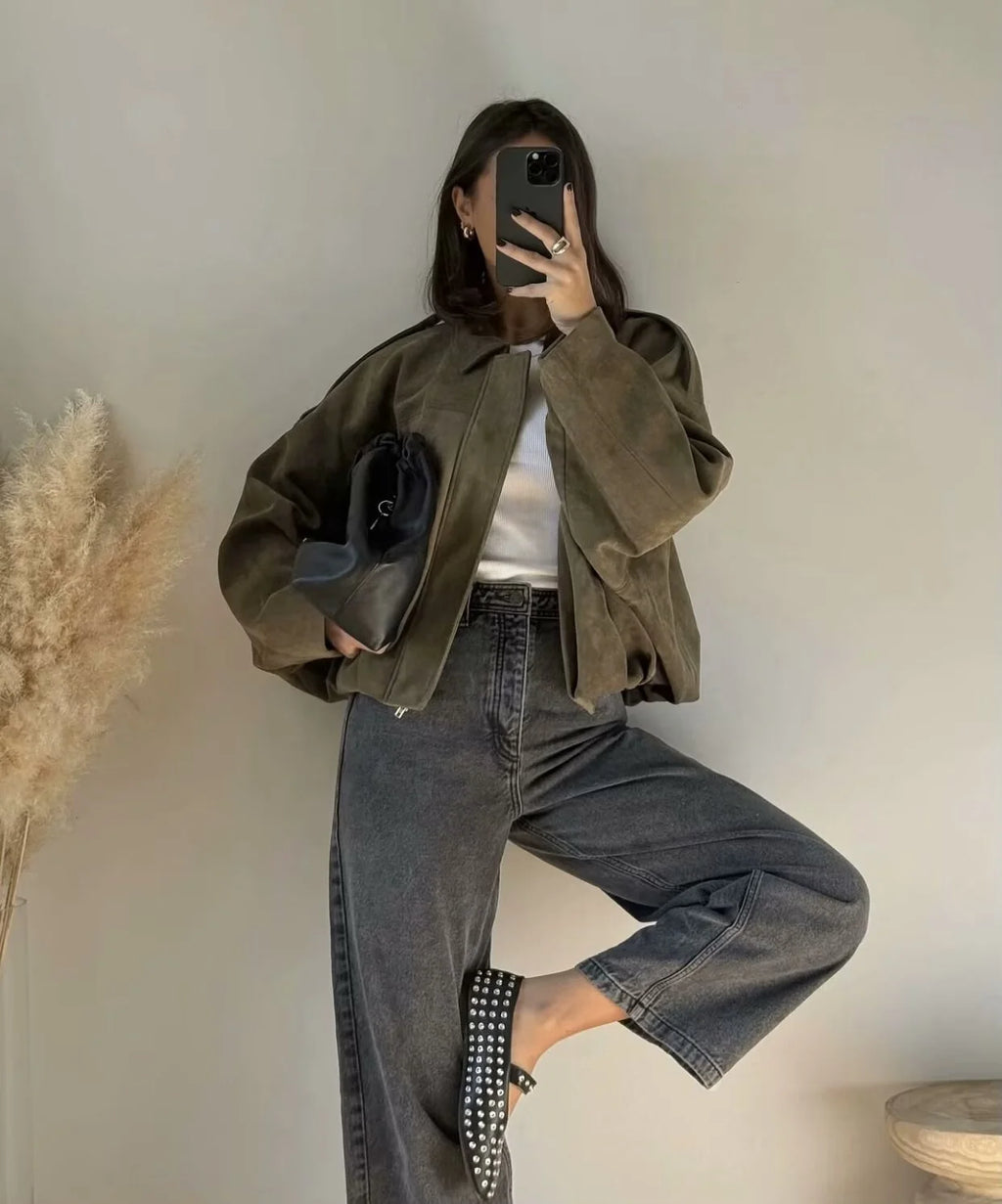 OUDINA Wholesale New Casual Zipper Green Suede Texture Effect Coat Windbreaker Bomber Varsity Jacket Women's Jackets