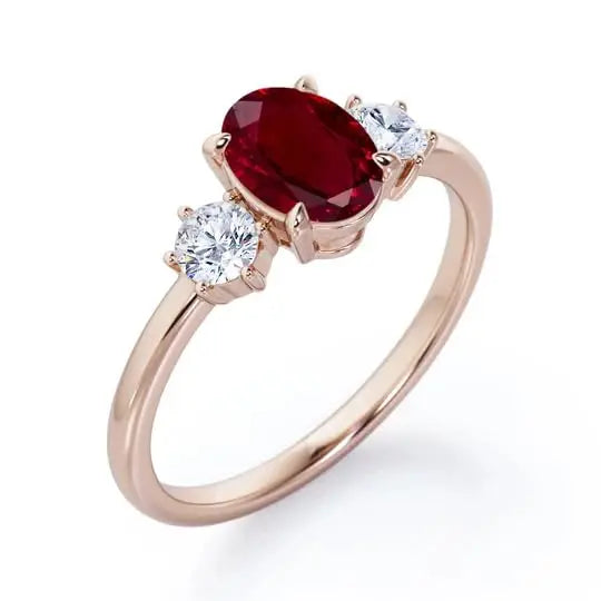 Oval Cut Ruby Classic Pave Setting Three Stone Engagement Ring 925 Sterling Silver Gold Plated Trio Wedding Party Ring