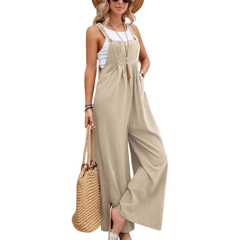 2025 Women's Summer Retro Style Jumpsuit New Style Solid Color Casual Strap Pants Loose Fit Breathable with Art Retro Pocket