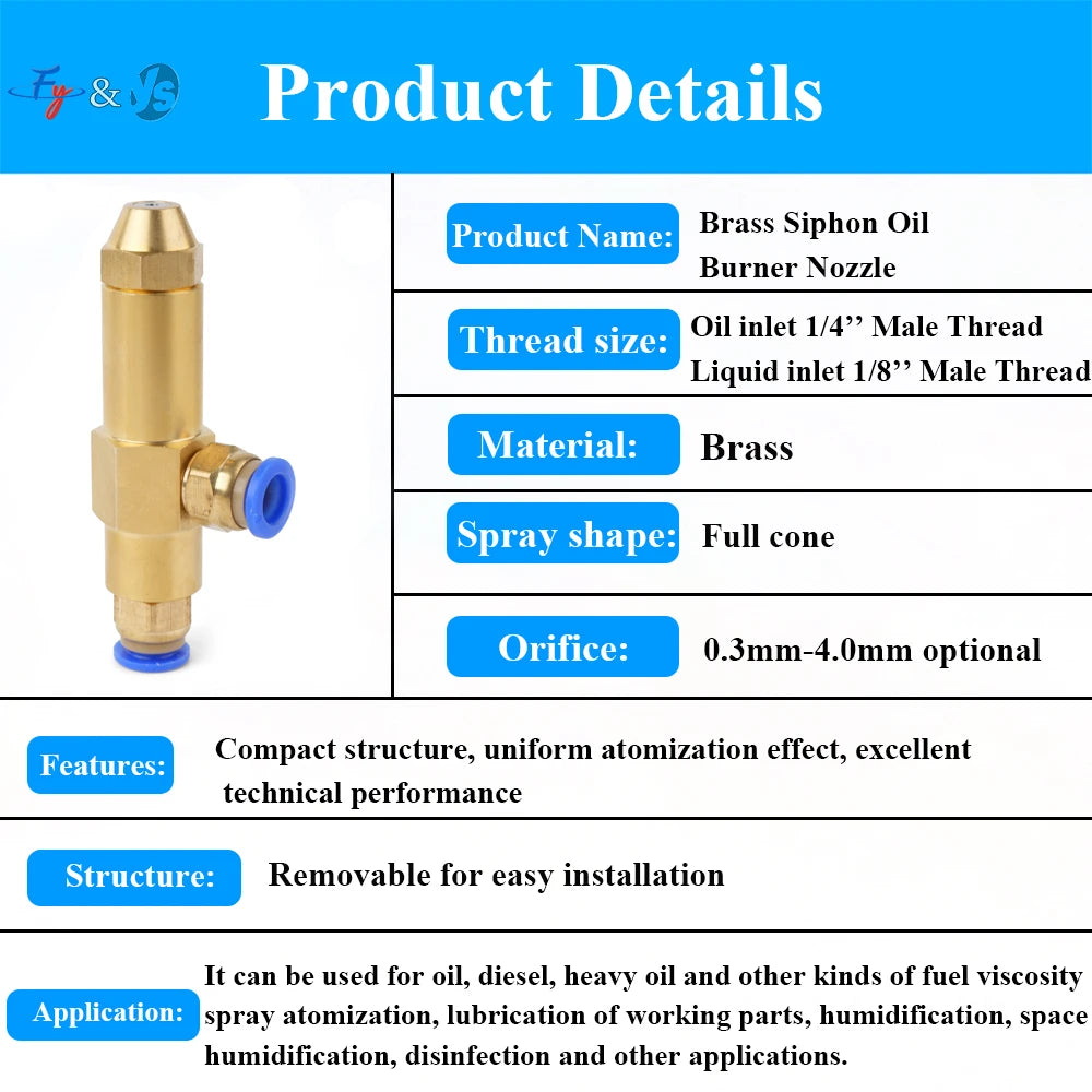 YS Quality Brass Siphon Oil Burner Nozzle, 30609 Waste Oil Burner Nozzle, Diesel Heavy Oil Nozzle
