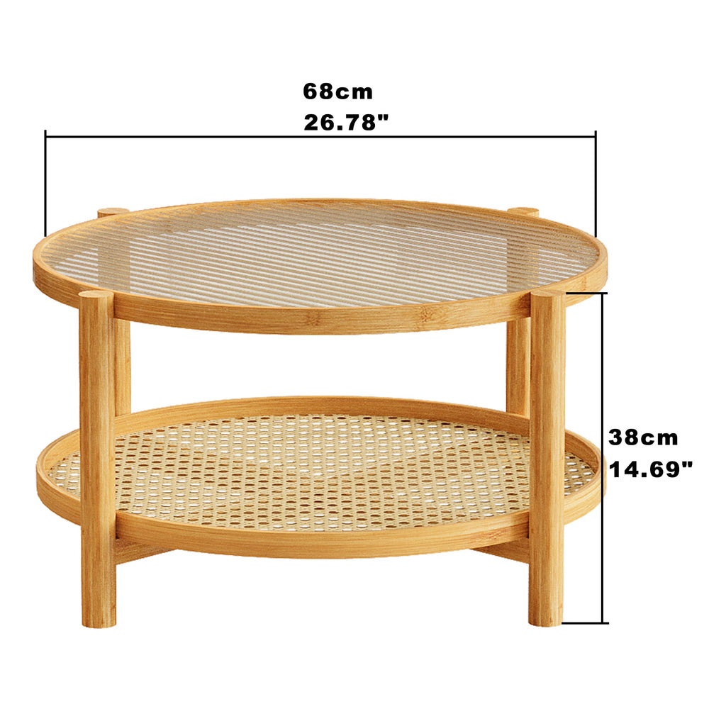 Modern Round 2-Tier Bamboo Coffee Table with Glass Top PVC Rattan Storage Shelf Wabi-Sabi Design Style for Home Coffee Area