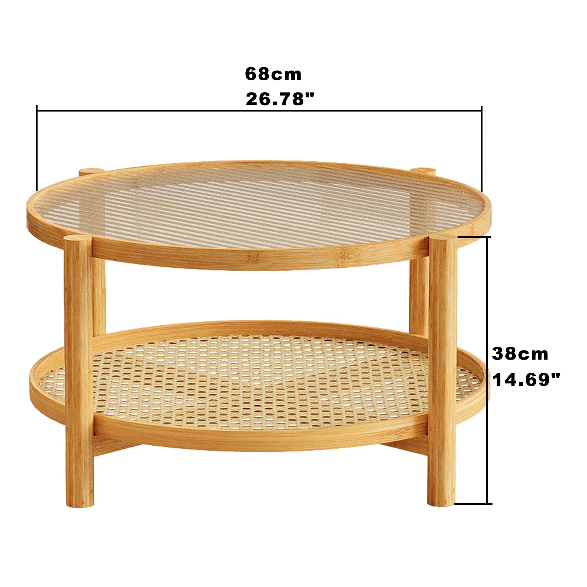 Modern Round 2-Tier Bamboo Coffee Table with Glass Top PVC Rattan Storage Shelf Wabi-Sabi Design Style for Home Coffee Area