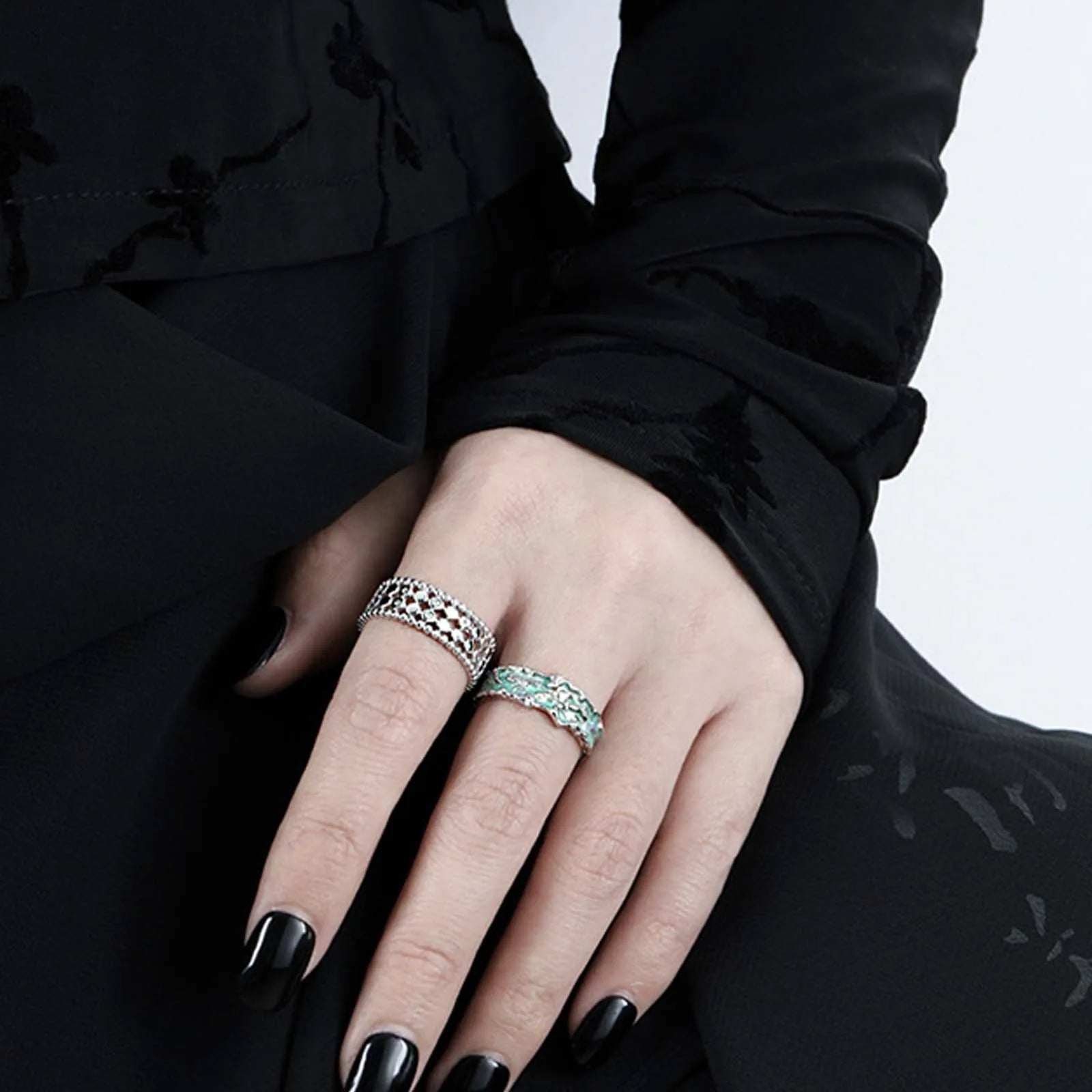 FUAMAY Fashion Designer 925 Sterling Silver Wide Ring Irregular Grain Mint Green  Enameled Rings