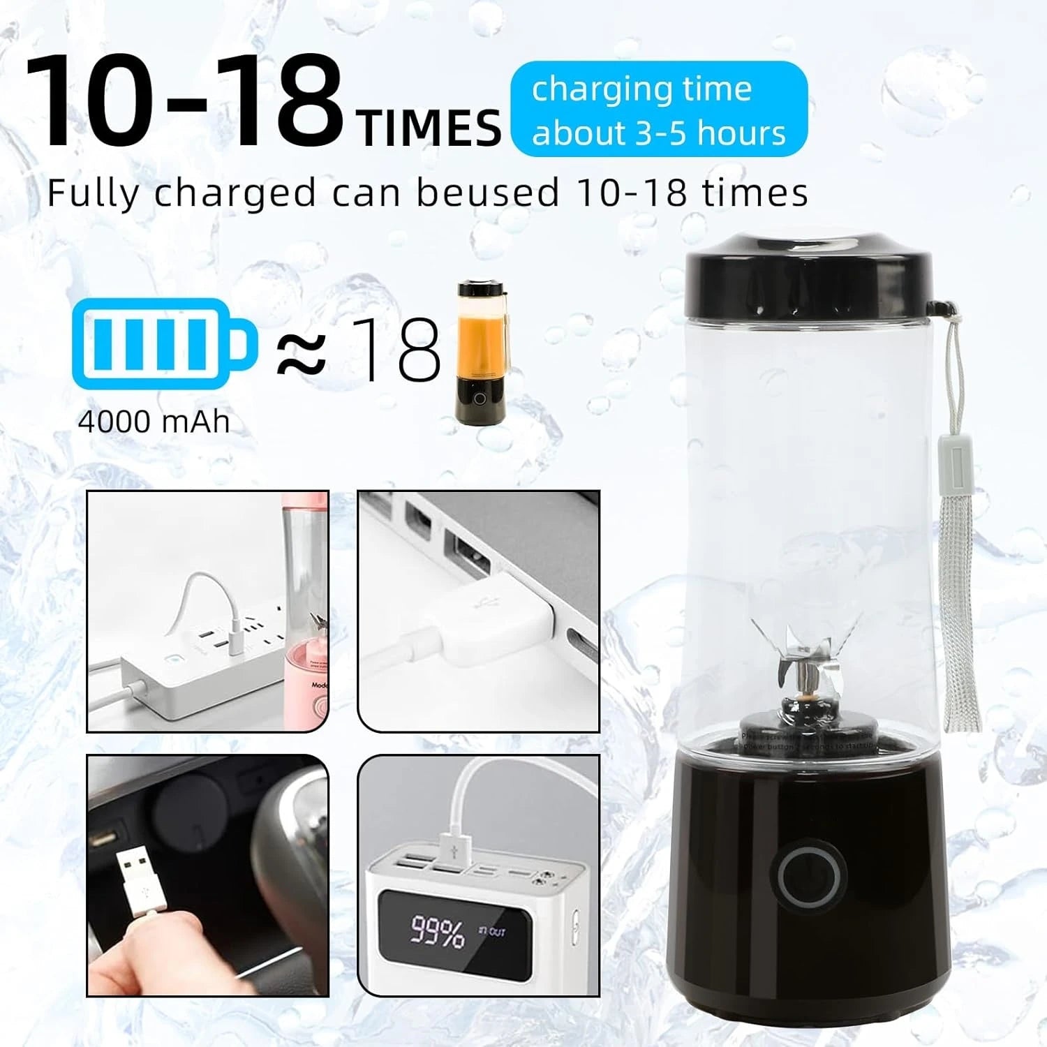Hot Sale 400ml Protein Shake Battery Powered USB Portable Mini Blender with Ice Crushing for Car & Household Use Black