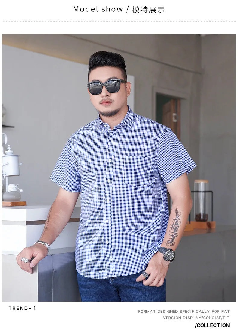 100% Cotton 5XL 6XL 7XL 8XL 12XL Men's Plus Size Shirts Fashion Casual Classic Style Comfortable Plaid Short Sleeve Shirt Male
