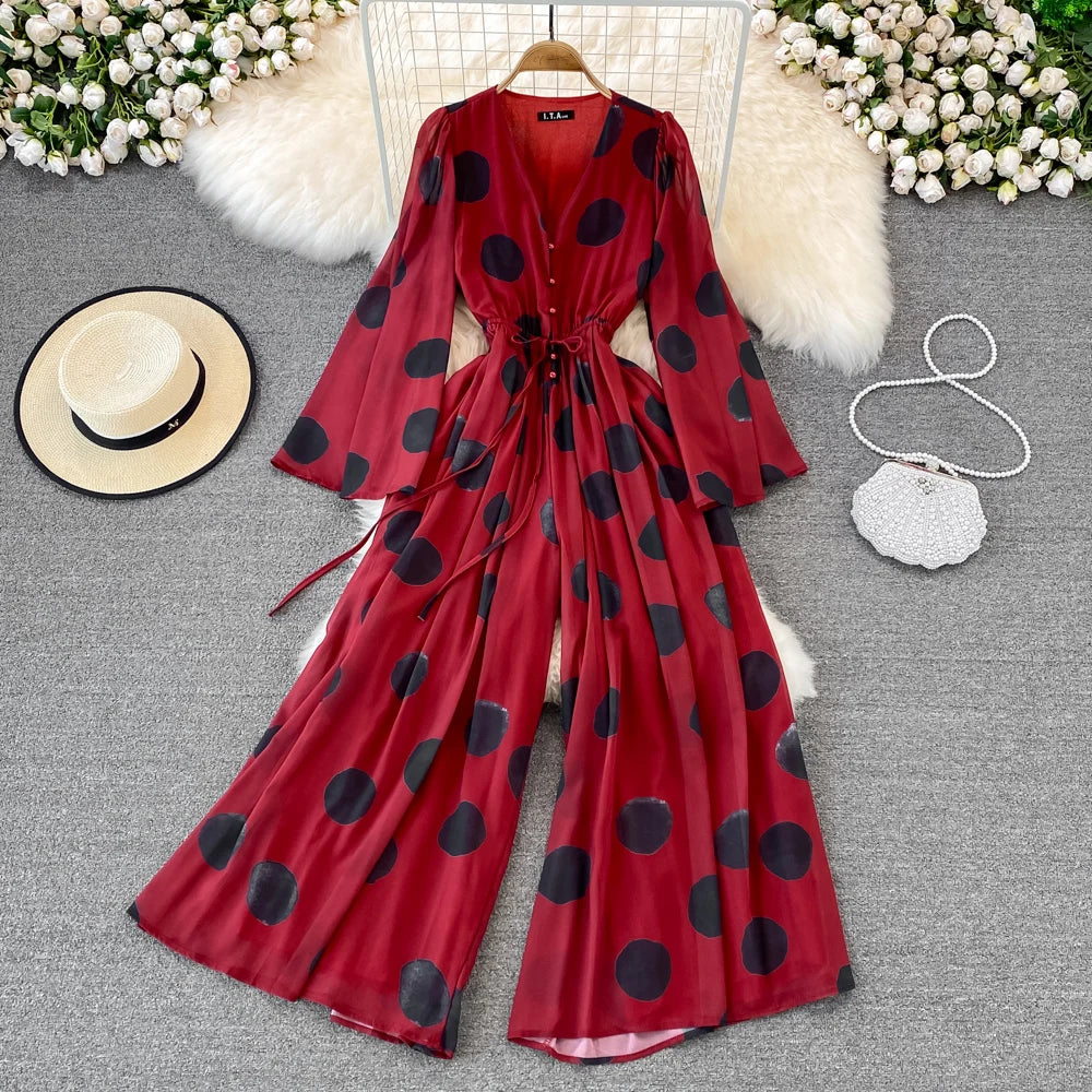 Flared Sleeve Polka Dot Print V-Neck Jumpsuit Wide Leg Jumpsuit