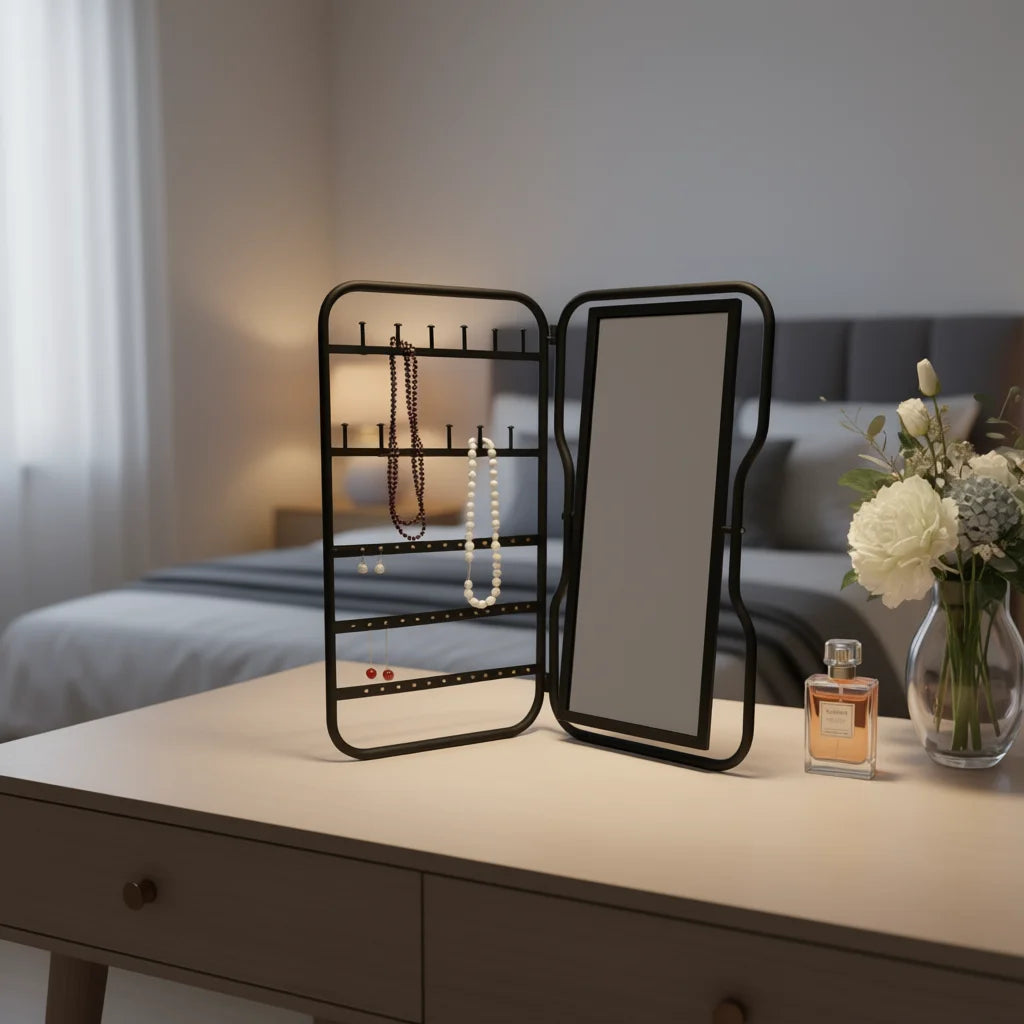 PARISLOFT Foldable Jewelry Holder With Mirror Black Metal Organizer For Necklaces Bracelets Earrings Rings Table Top Display