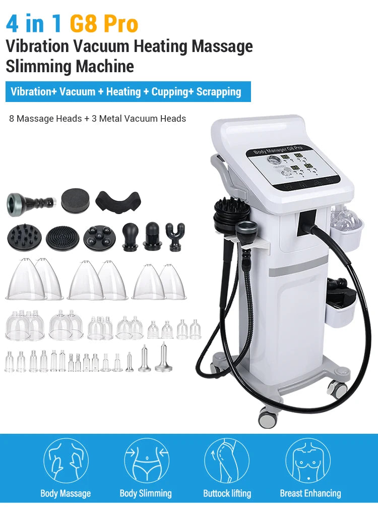 Vertical 4 In1 Vacuum Heating 8 Vibration Heads G8 Massager Cellulite Removal G8 Body Slimming Machine with 33 Cups
