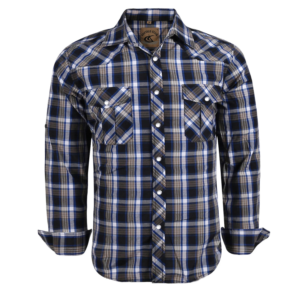 Men's Western Cowboy Long Sleeve Pearl Snap Casual Plaid Work Shirts