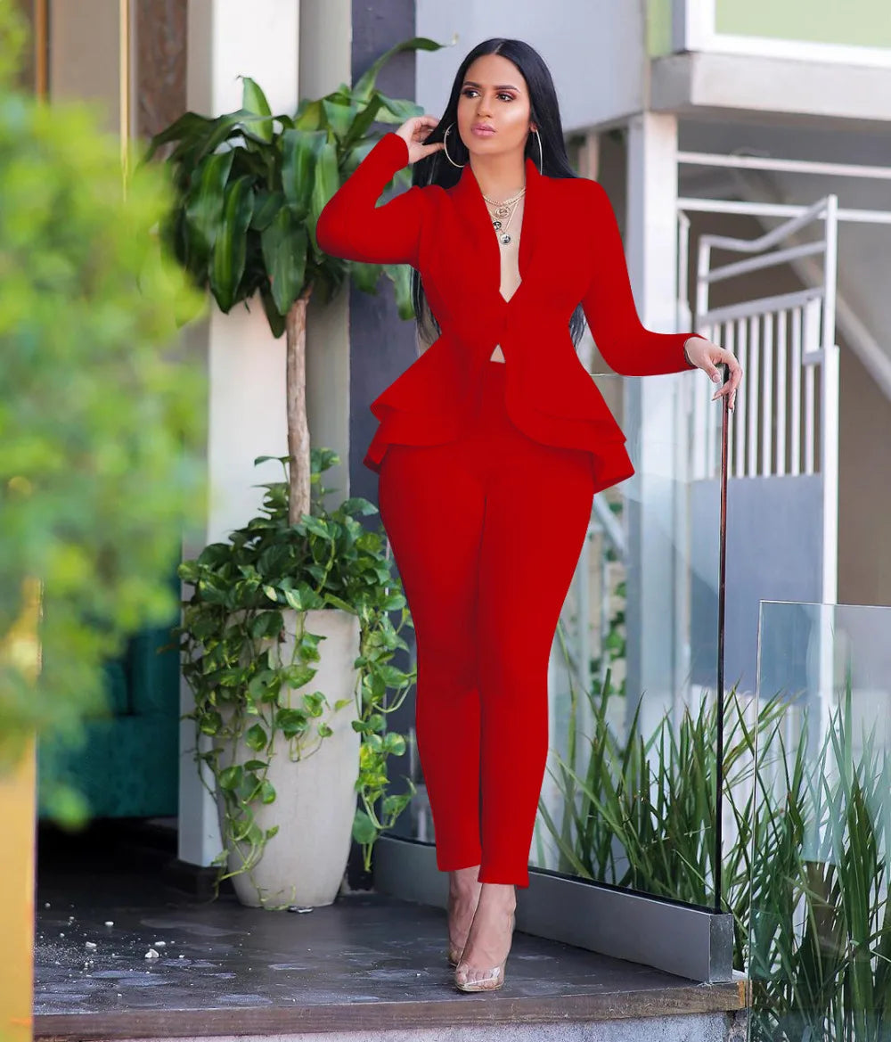 New 2025 Women Long Sleeve Solid Ruffles Design Top & Skinny Pencil Pant Sets Two Piece Set Women Outfits