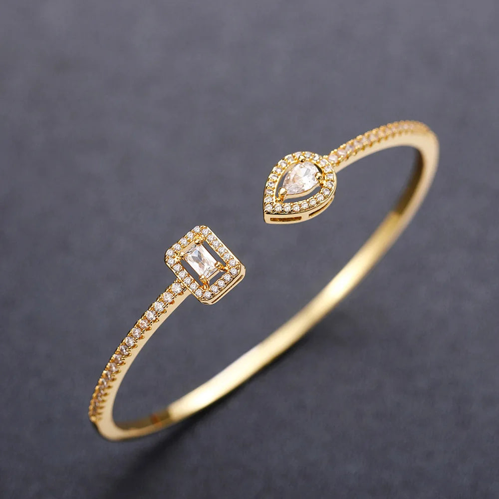 Minimalist Open Cuff Copper Bracelet with Zircon Inlay for Women Elegant Party Fashion Jewelry Gift Four Seasons