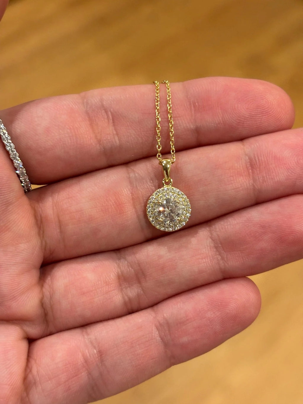 Dainty Christian Moissanite Double Halo Necklace Gold Plated Diamond Alternative Charms Pendant Party Stacking Jewelry