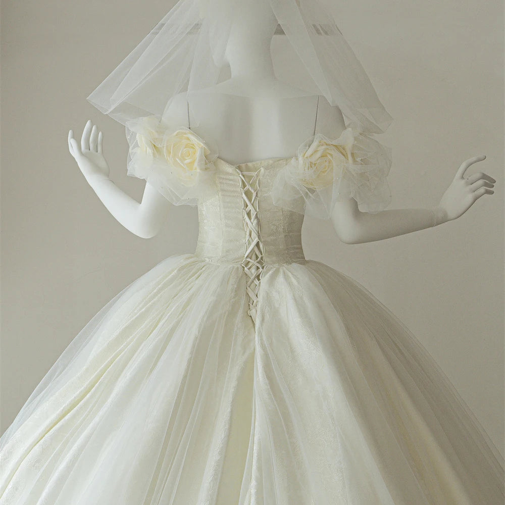 Princess Off Shoulder 3d Flower Ball Gown Wedding Dresses RL322