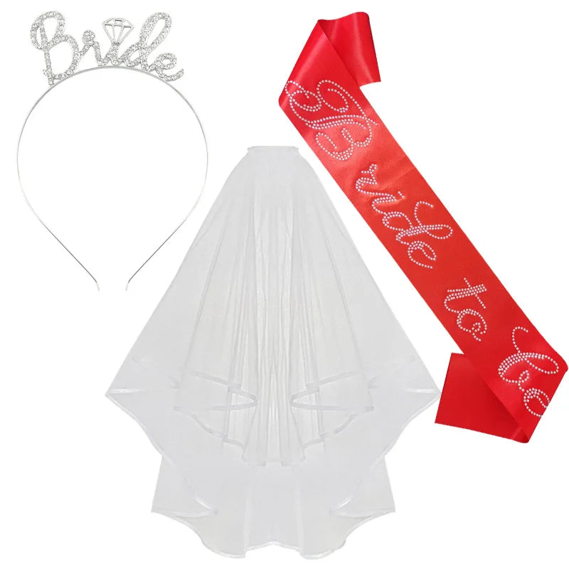 3-piece Set Bride to Be Crown Headband Shoulder Strap Wedding Veil Set for Bridal Shower WB007