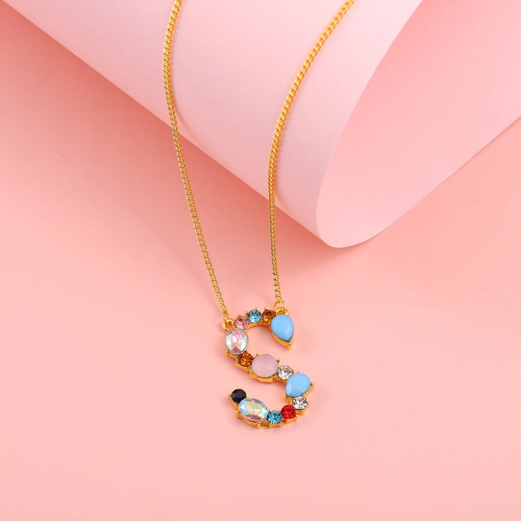 Hainon Fashion Initial 26 Letter Necklace Colored Zircon Necklace Electroplated Gold Sweater Chain