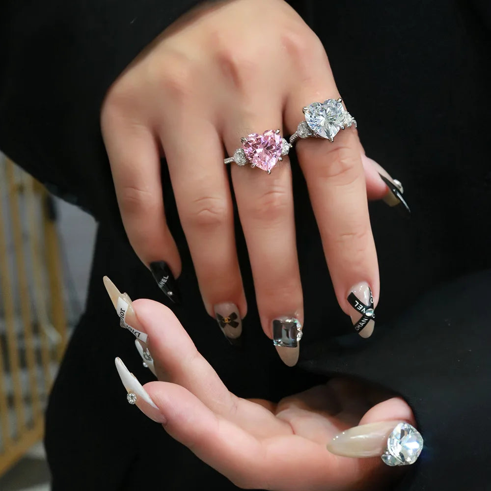 Fashion S925 Sterling Silver 12*12mm Heart Shape Stone Cz Cubic Zirconia Luxury Wedding White pink Diamond Rings for Women