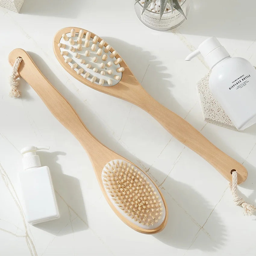 Dual-Sided Long Handle Shower Scrubber Wet & Dry Body Care Exfoliating Brush Dry Brushing with Loofah Sponge Removes Dead Skin