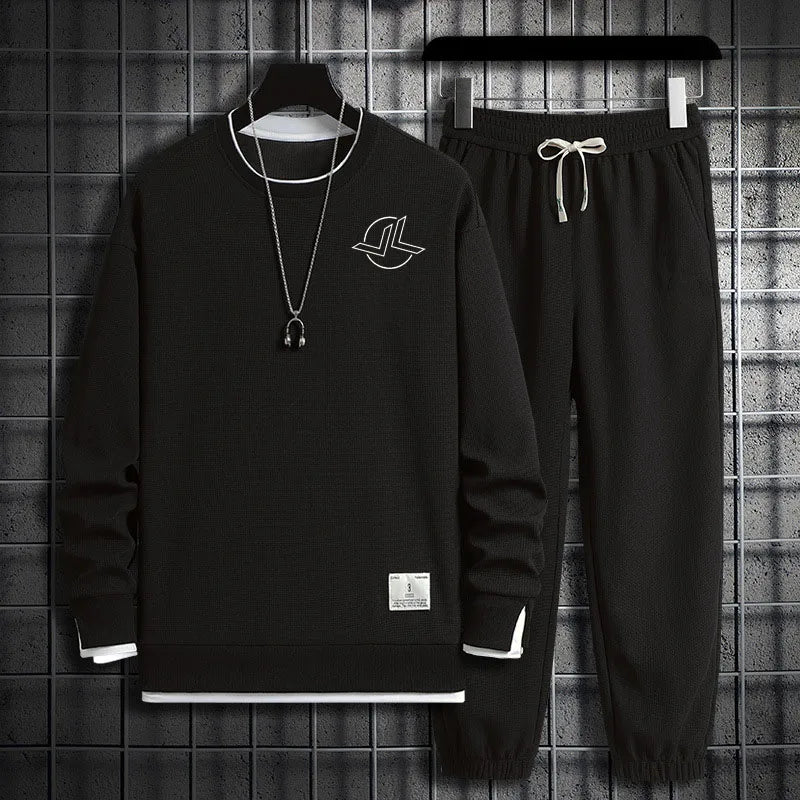 2024 Spring and Autumn Hoodie Set Men's Waffle Crewneck Hoodie Trousers Two-piece Sports Casual Men's Wear Hoodie Sweater