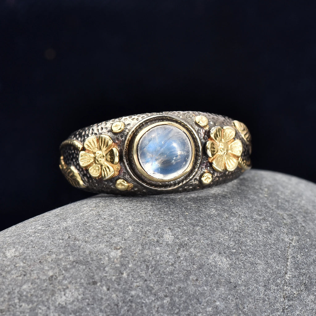 Rainbow Moonstone Ring 925 Sterling Silver Gold Plated Vintage Floral Handmade Designer Gemstone Jewelry Women Moku Jewellery