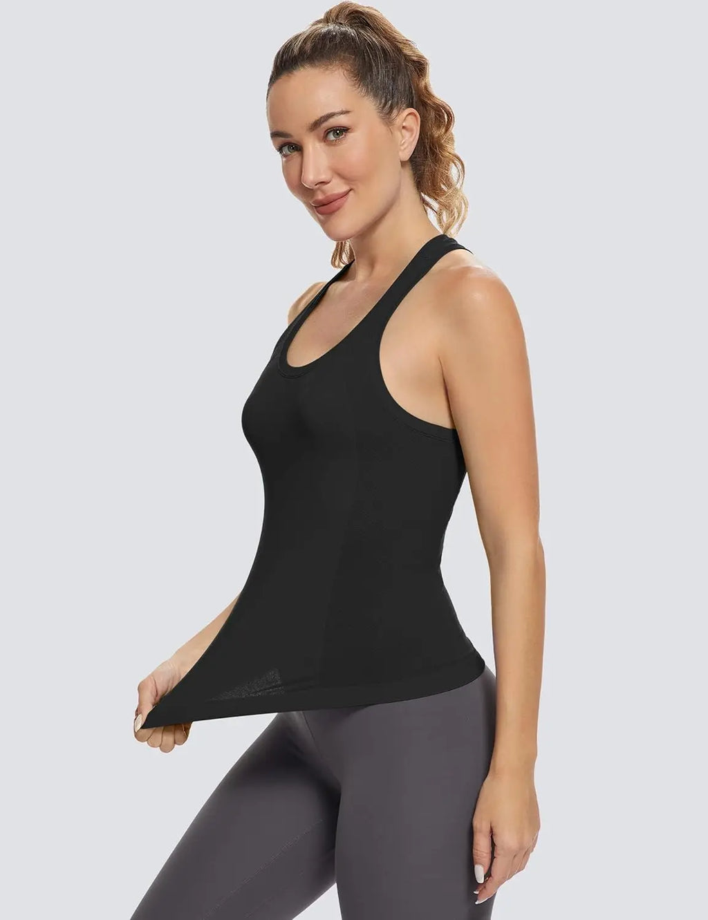 Women's Racerback Workout Tank Tops-Seamless Spandex/Polyester Breathable Knitted High Support Solid Running Muscle Tank