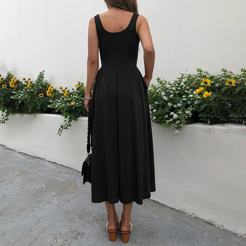 2025 Summer Women Tie Dye Midi Dress Square Neck Sleeveless Pleated Casual Beach Party Outfit