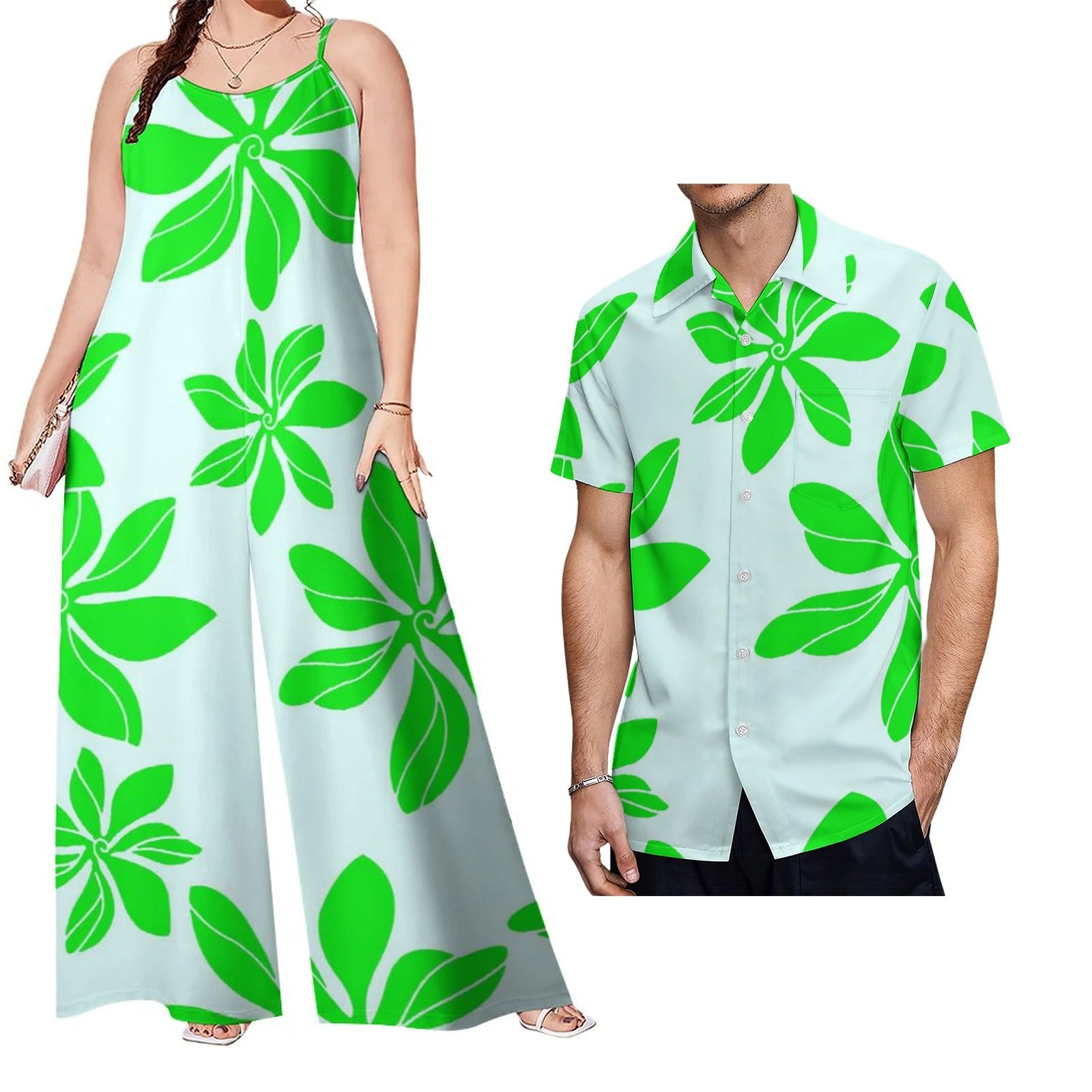Custom on Demand Set of Couples Hawaiian Tropical Floral Big Size Shirt and Casual Women Halter Rompers Polynesian Couple Suit