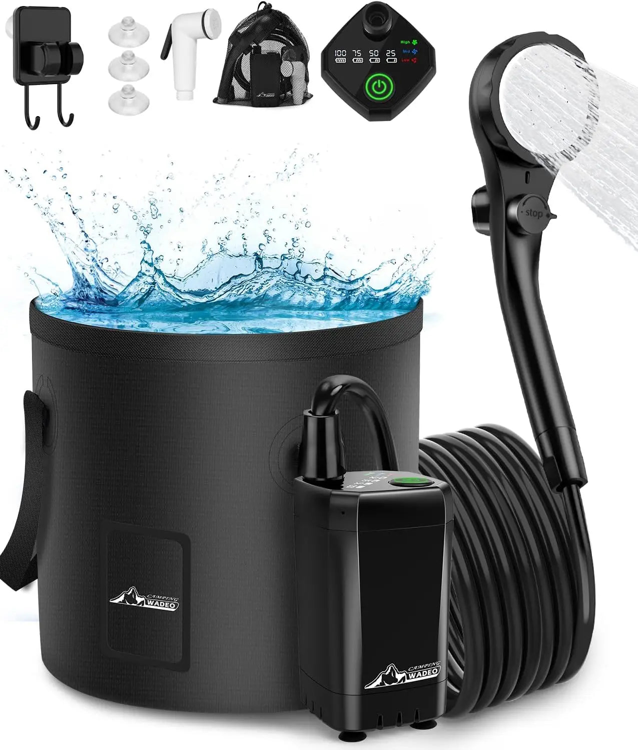 Portable Shower for Camping Outdoor Electric Shower Rechargeable Pump with 20L Collapsible Bucket