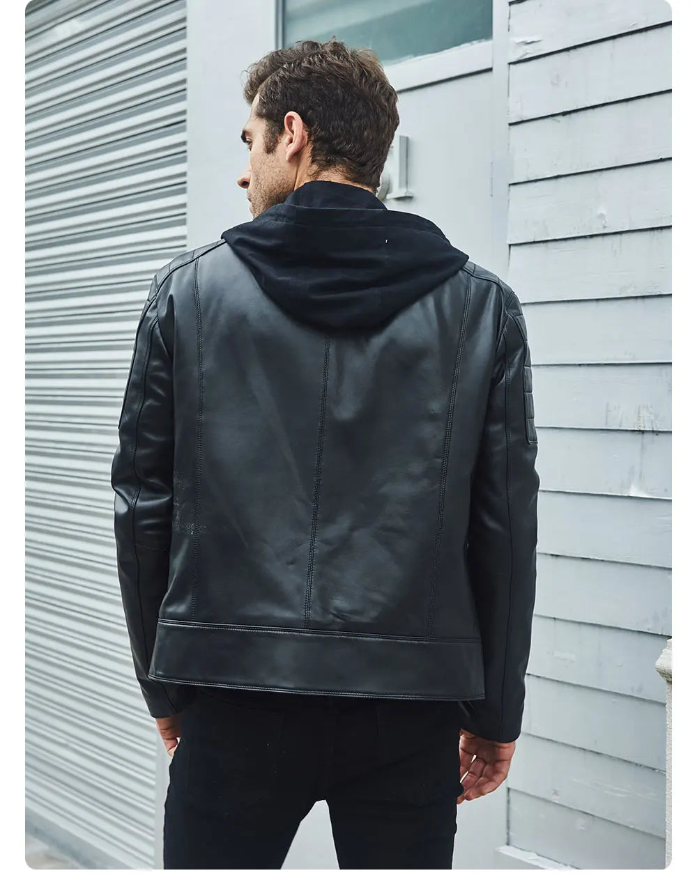 FLAVOR Men's Leather Motorcycle Jacket Black Sheepskin Real Leather Jacket With Removable Hood
