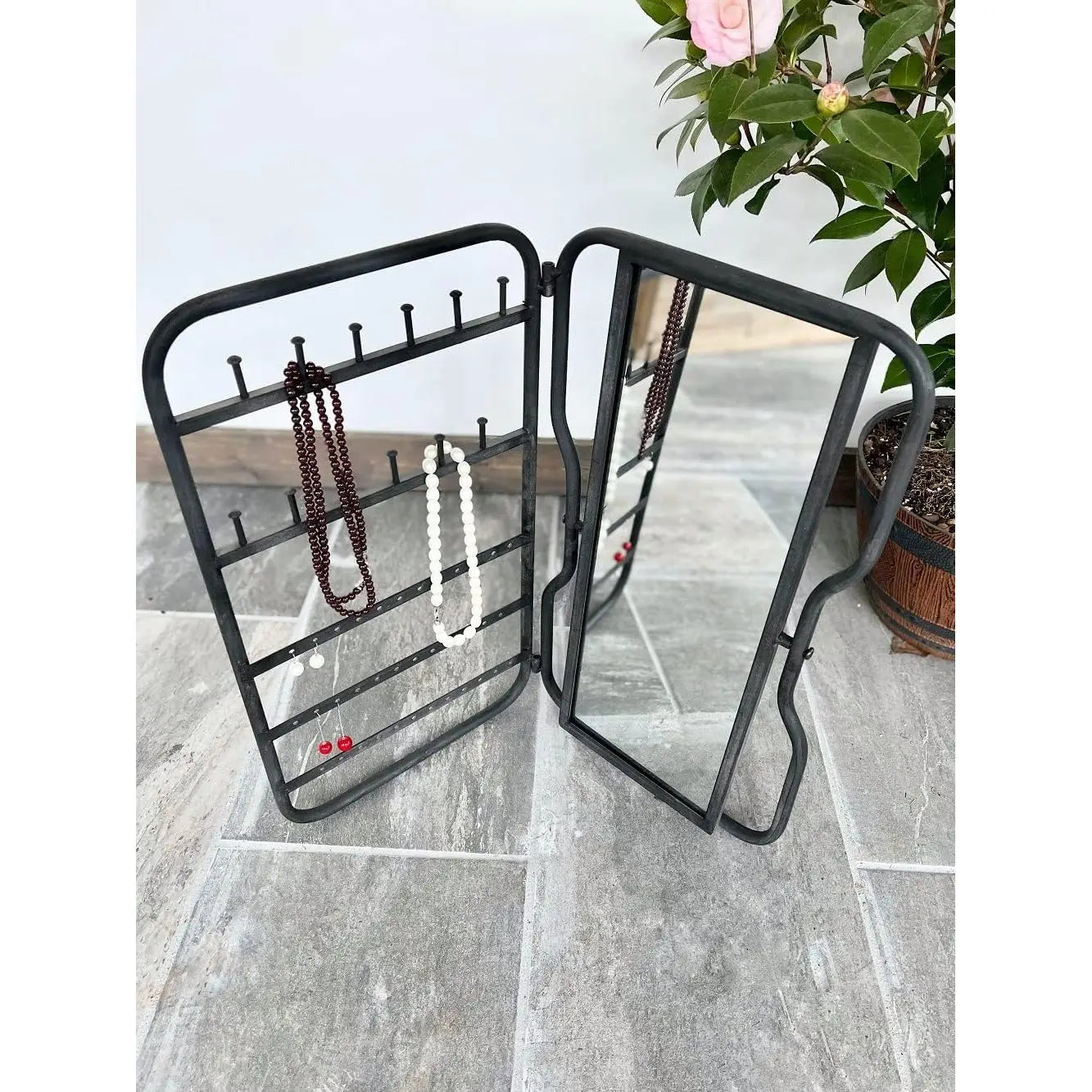 PARISLOFT Foldable Jewelry Holder With Mirror Black Metal Organizer For Necklaces Bracelets Earrings Rings Table Top Display