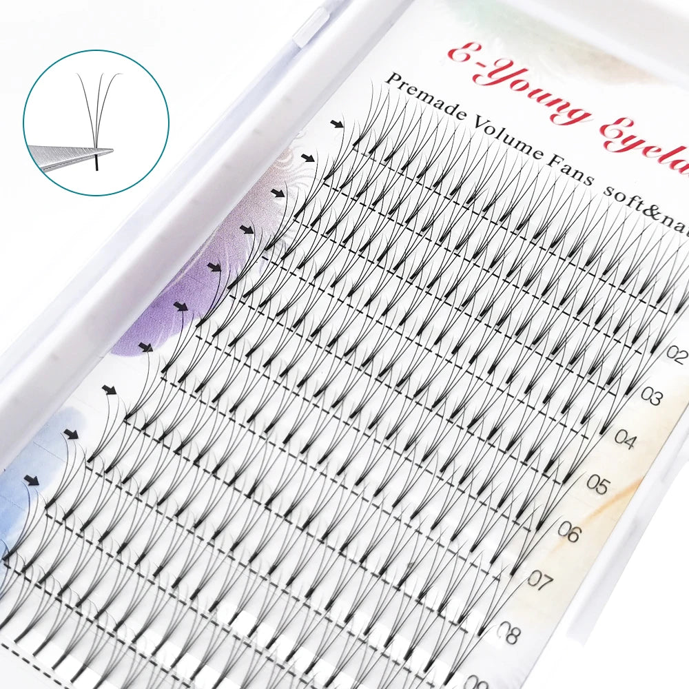 E-young 2d Premade Lashes Volume Fans Short Stem C/D Curl 0.1mm Natural False Eyelashes Extensions Premade Fans Wholesale Makeup